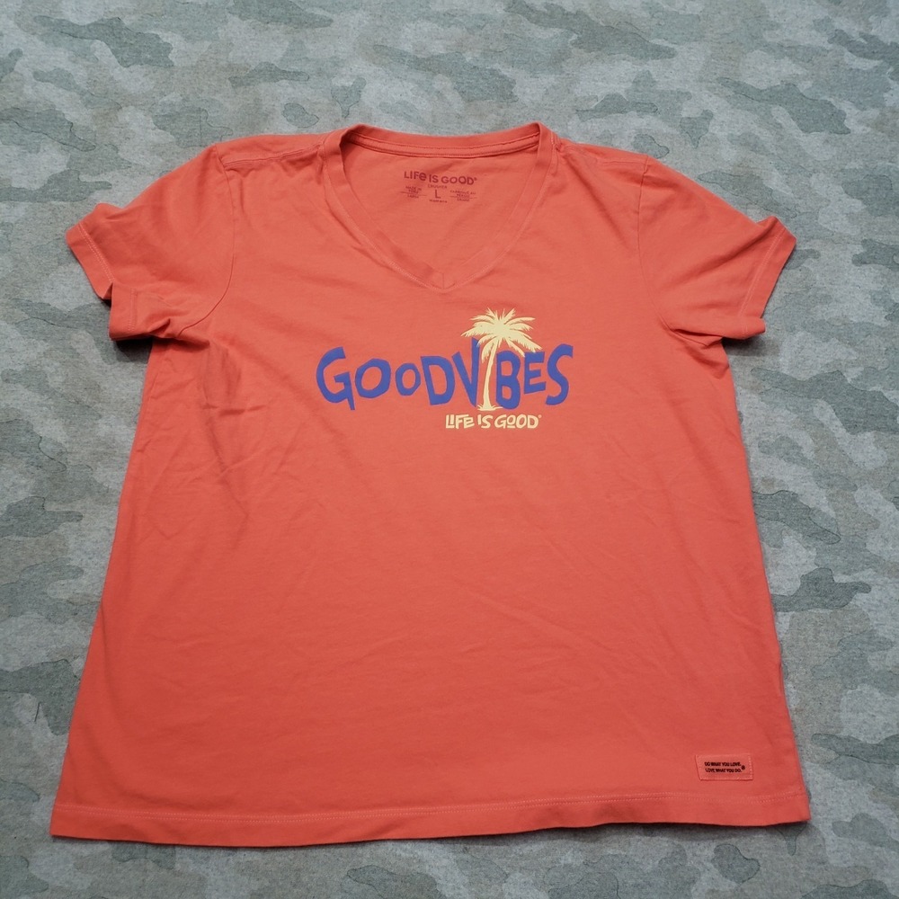 Life Is Good Top Womens Large Orange V-Neck Short Sleeve Outdoors